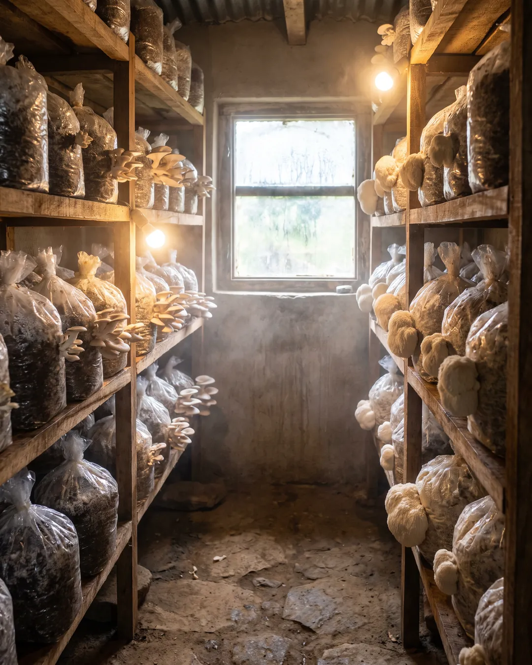 Mushrooms fruiting on shelves in a warm-lit grow room