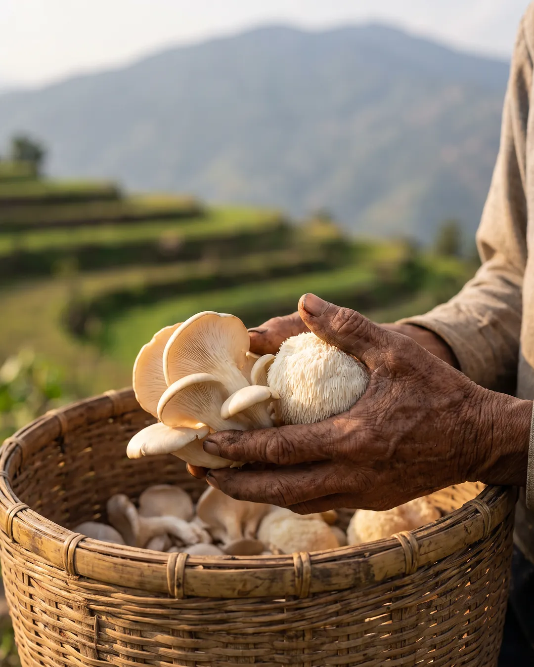 A farmer's hands holding freshly harvested oyster and lion's mane mushrooms