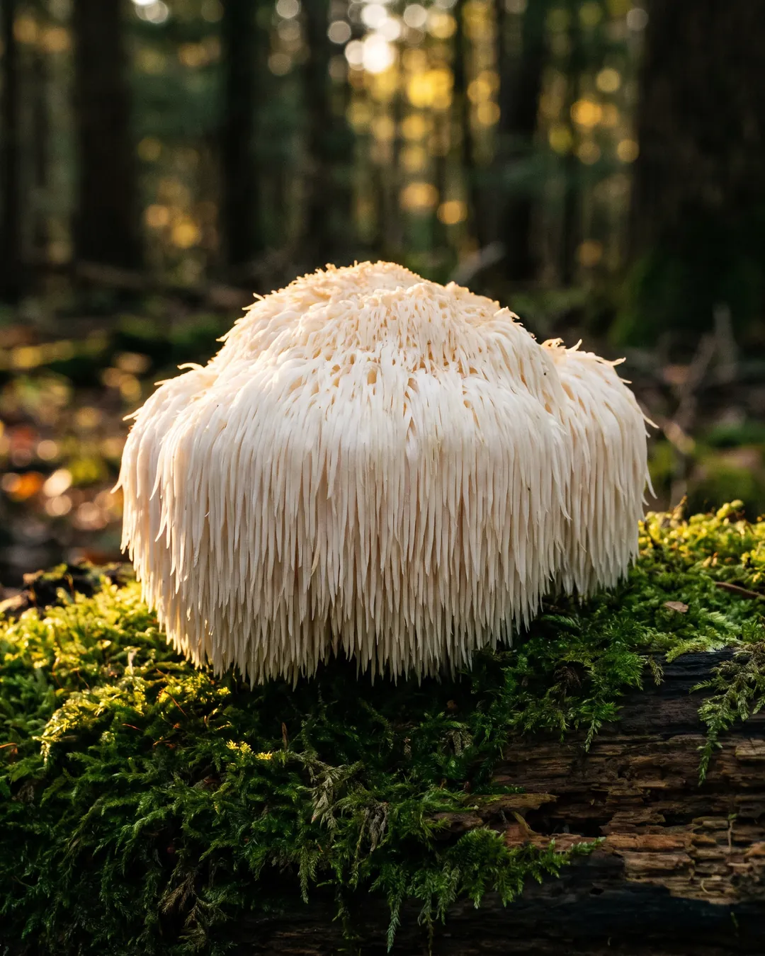 A shaggy white lion's mane mushroom on moss