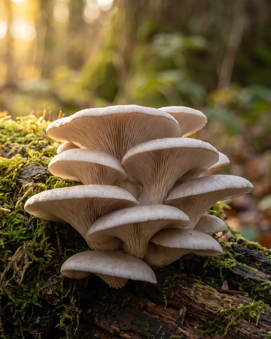 A cluster of pale oyster mushrooms on a mossy log