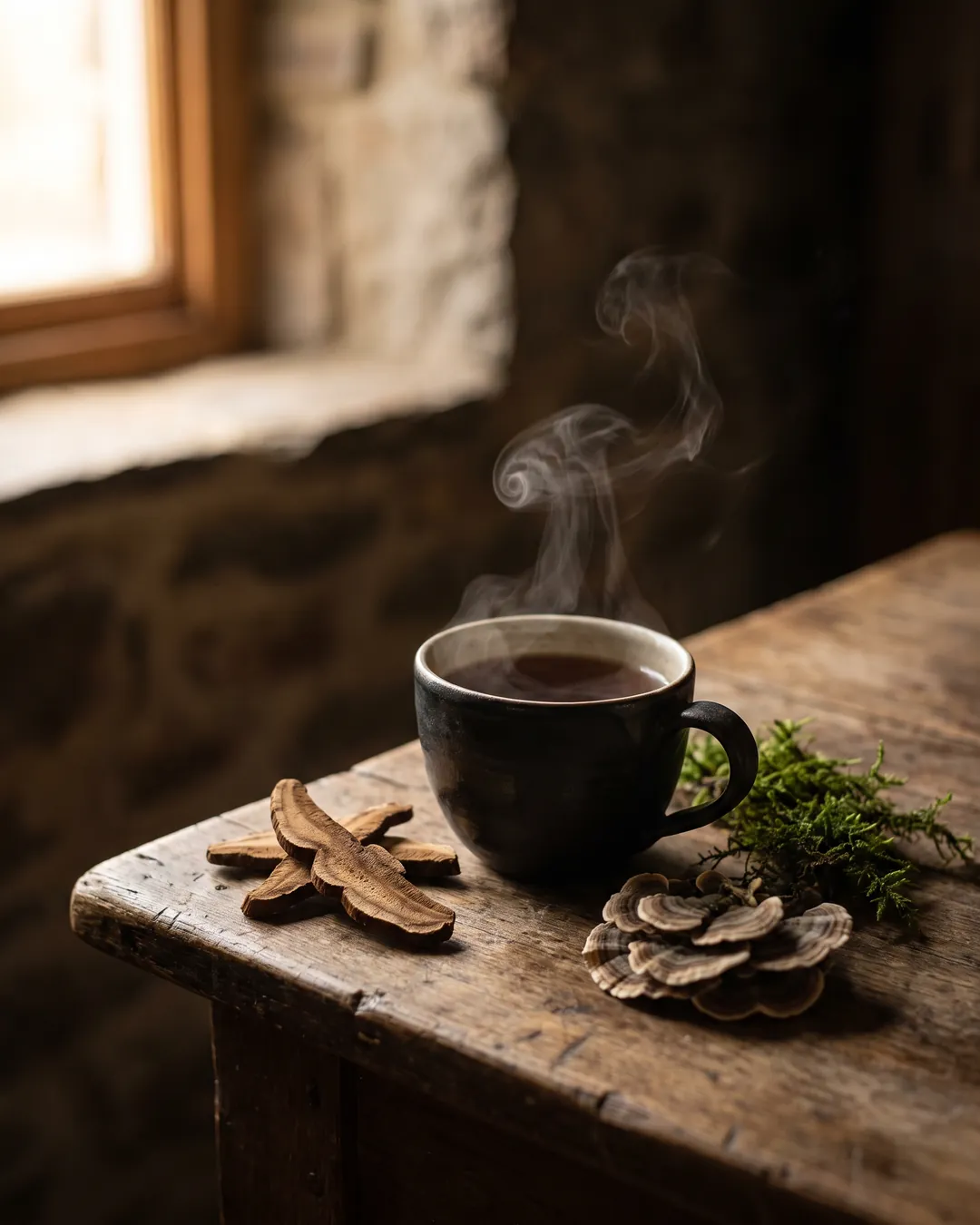 A cup of reishi tea steaming beside dried reishi slices on a wooden table