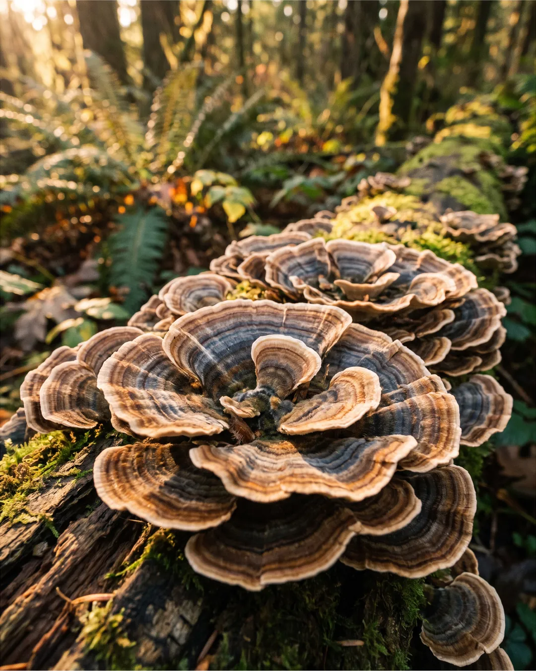 Banded turkey tail mushrooms layered on a log